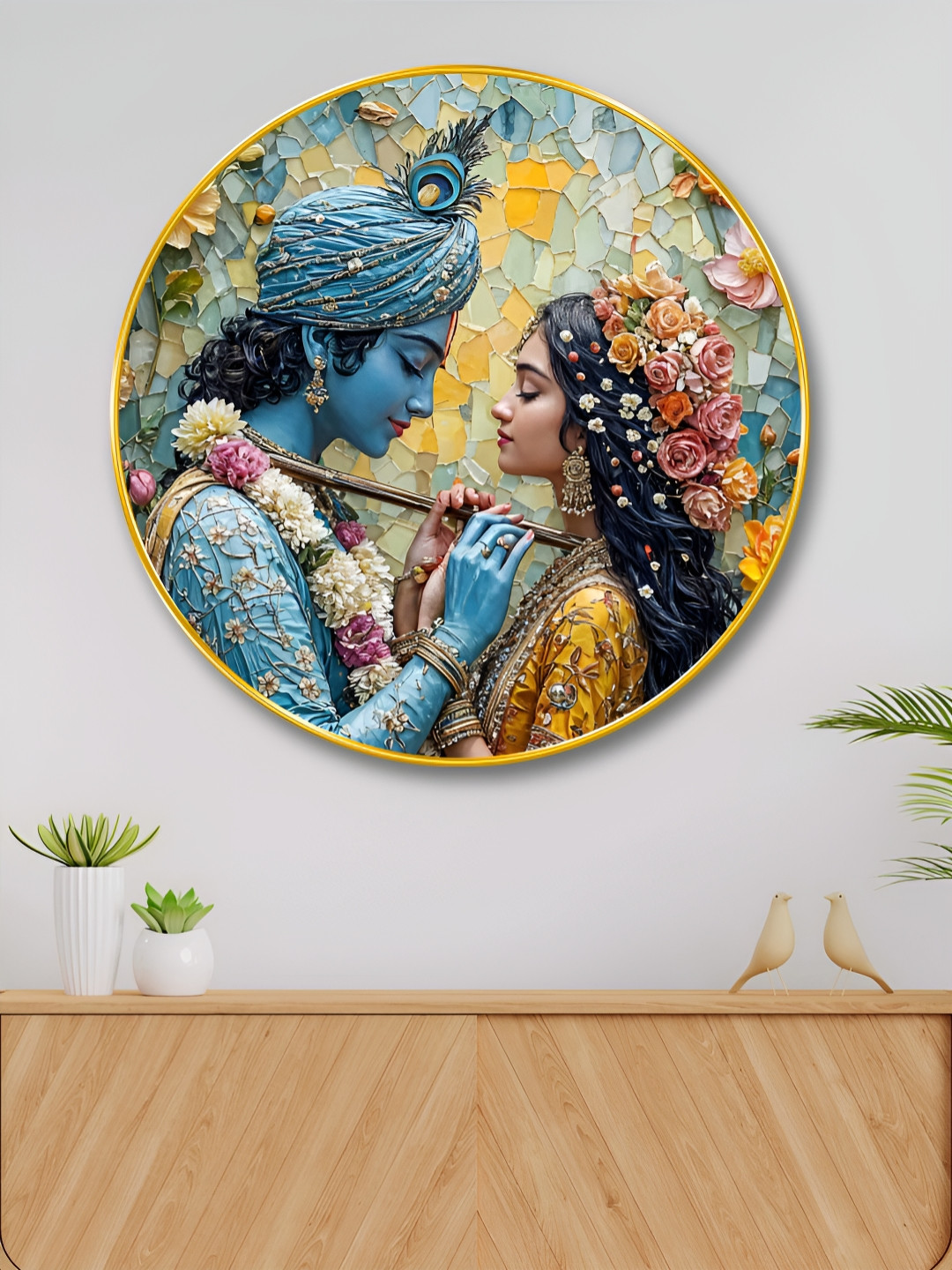 SAF Yellow & Blue Radha Krishna Printed Wall Art