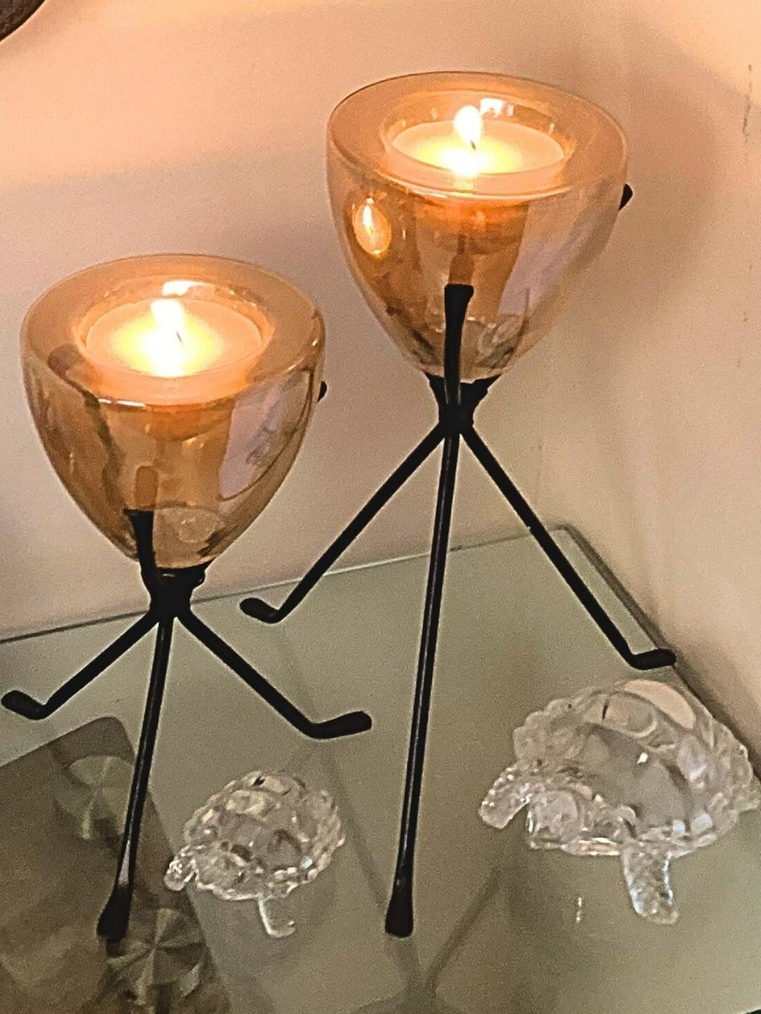 Kreative Arts Set of 2 Gold-Toned & Black Tripod Design Candle Holder