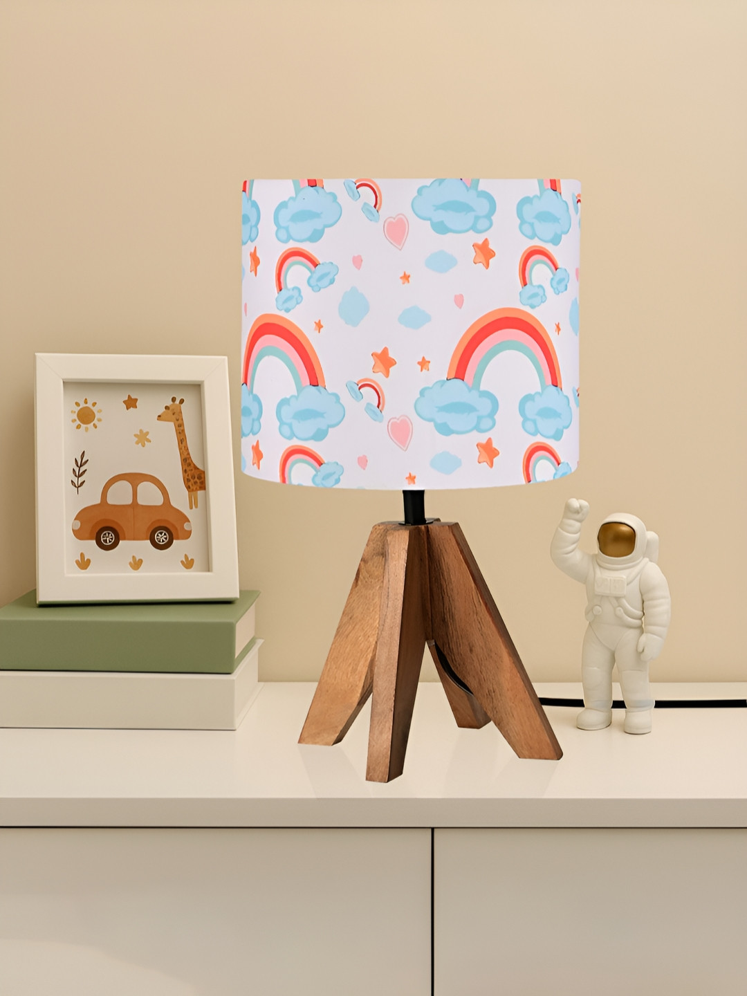 Myntra Elegant Homes White Printed Engineered Wood Cylindrical Shaped Table Lamp