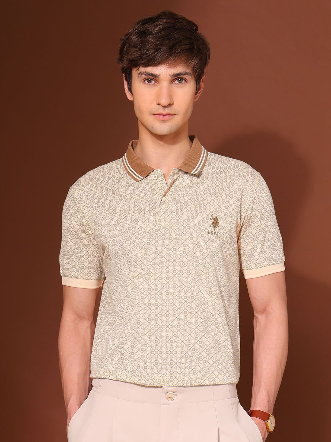 U.S. Polo Assn. Work And Wander Geometric Printed Polo Collar Pure Cotton Slim Fit T-shirt