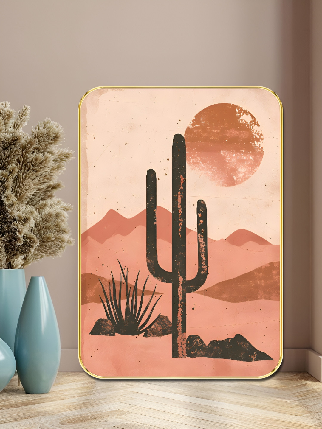 SAF Sunset Cactus Wood Wall Rectangle Paintings Wall Art -24 x 18 In