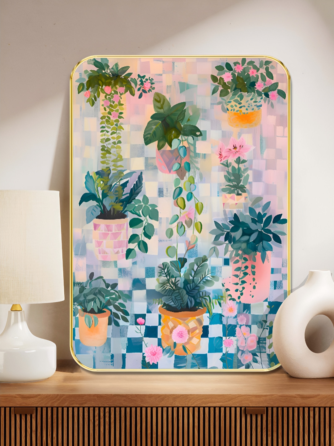 SAF Gold-Toned & Blue Boho Hanging Plants Sparkle Wooden Wall Art