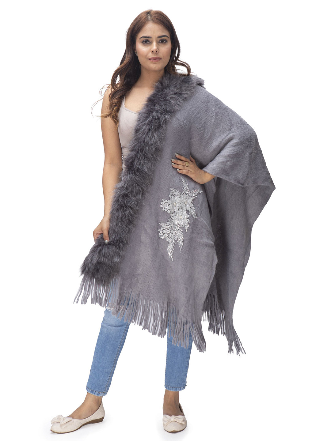 Manra Women Embroidered Wool Stole with Fur Ball Charms