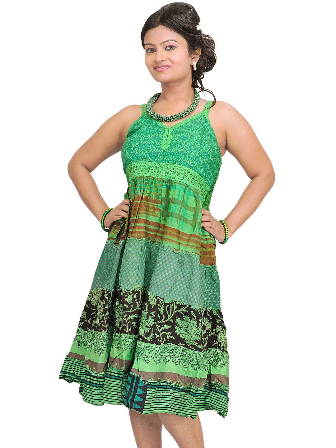 Exotic India Bud-Green Printed Barbie Dress with Patchwork