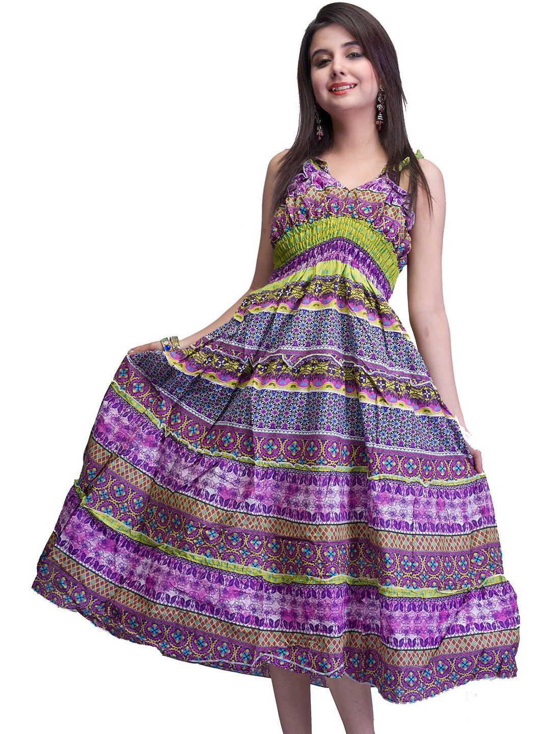 Exotic India Women Purple and Green Barbie Dress with Printed Flowers