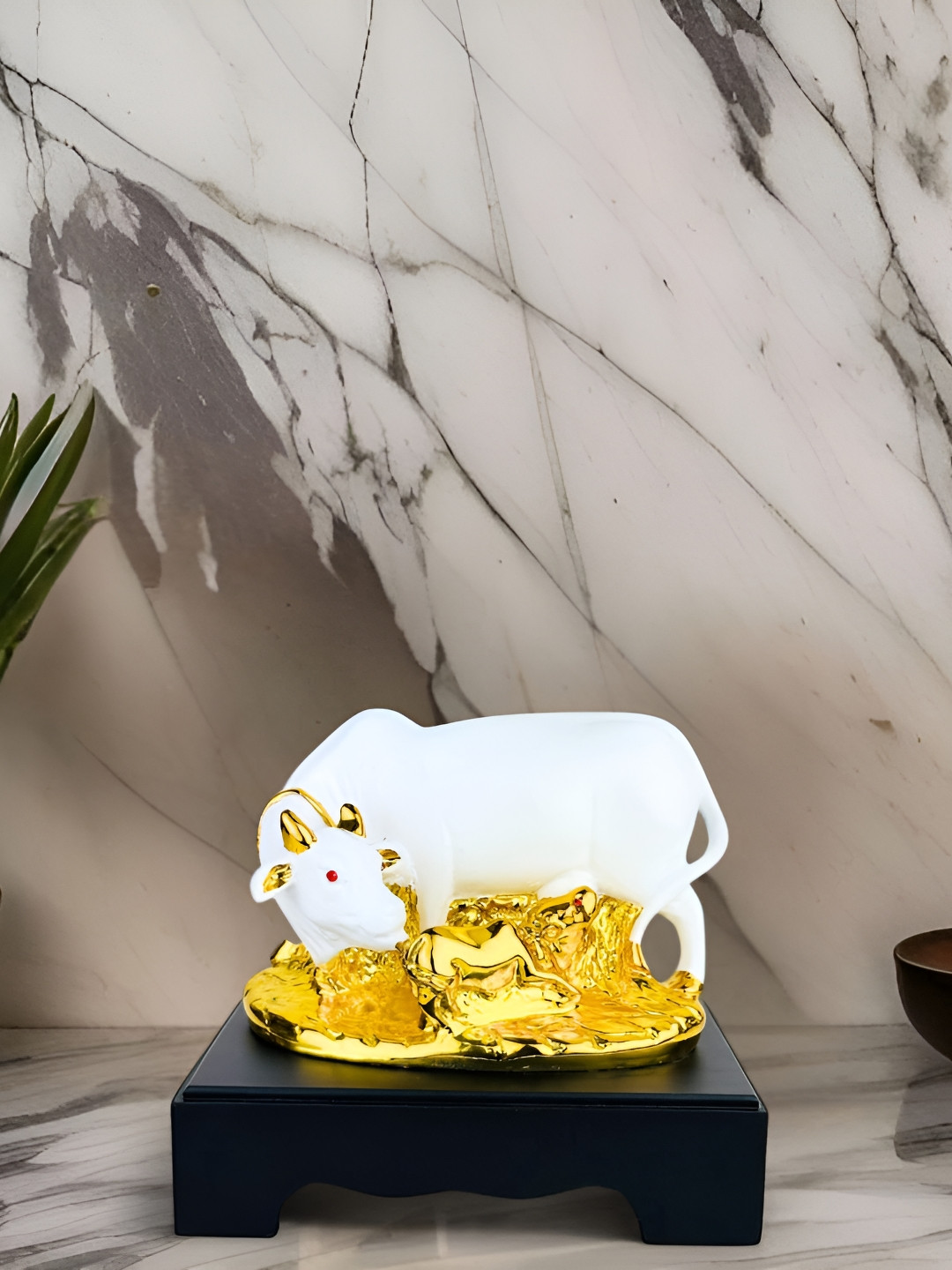 Go Hooked Kamdhenu Cow Gold Polyresin Natural Living Room Small Showpiece - 6.3 Inches