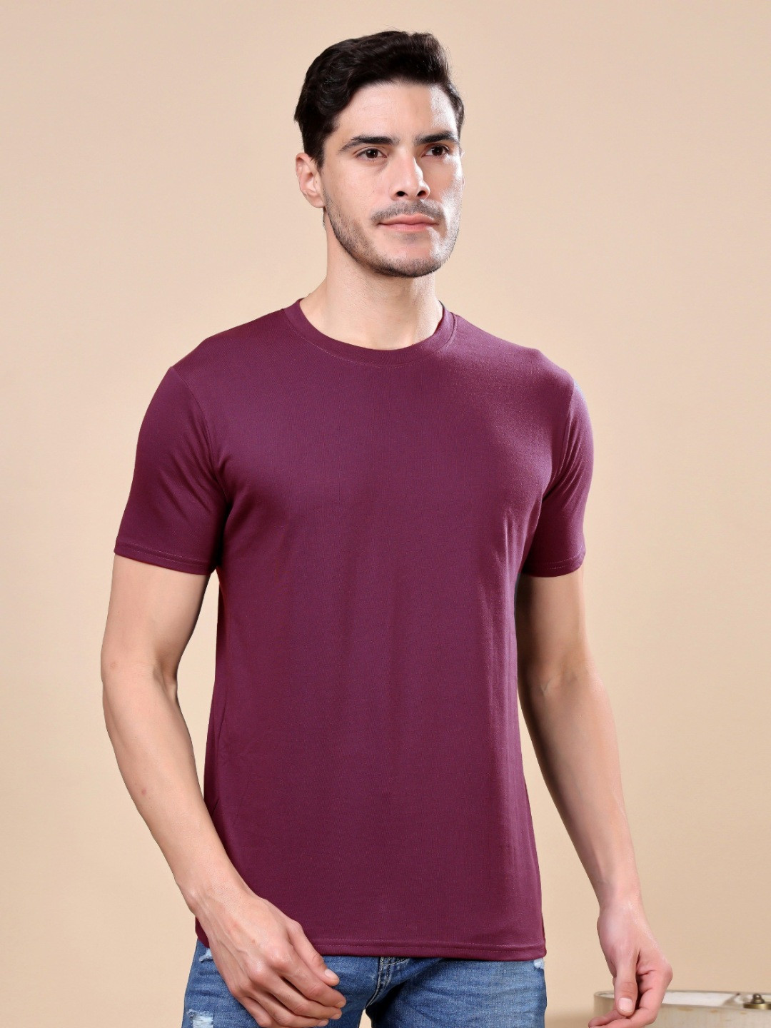 TQH Men Round Neck Regular Sleeves Slim Fit T-shirt