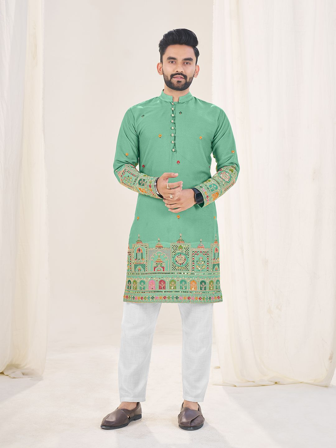 SHOPGARB Men Ethnic Motifs Embroidered Festive Silk Straight Kurta