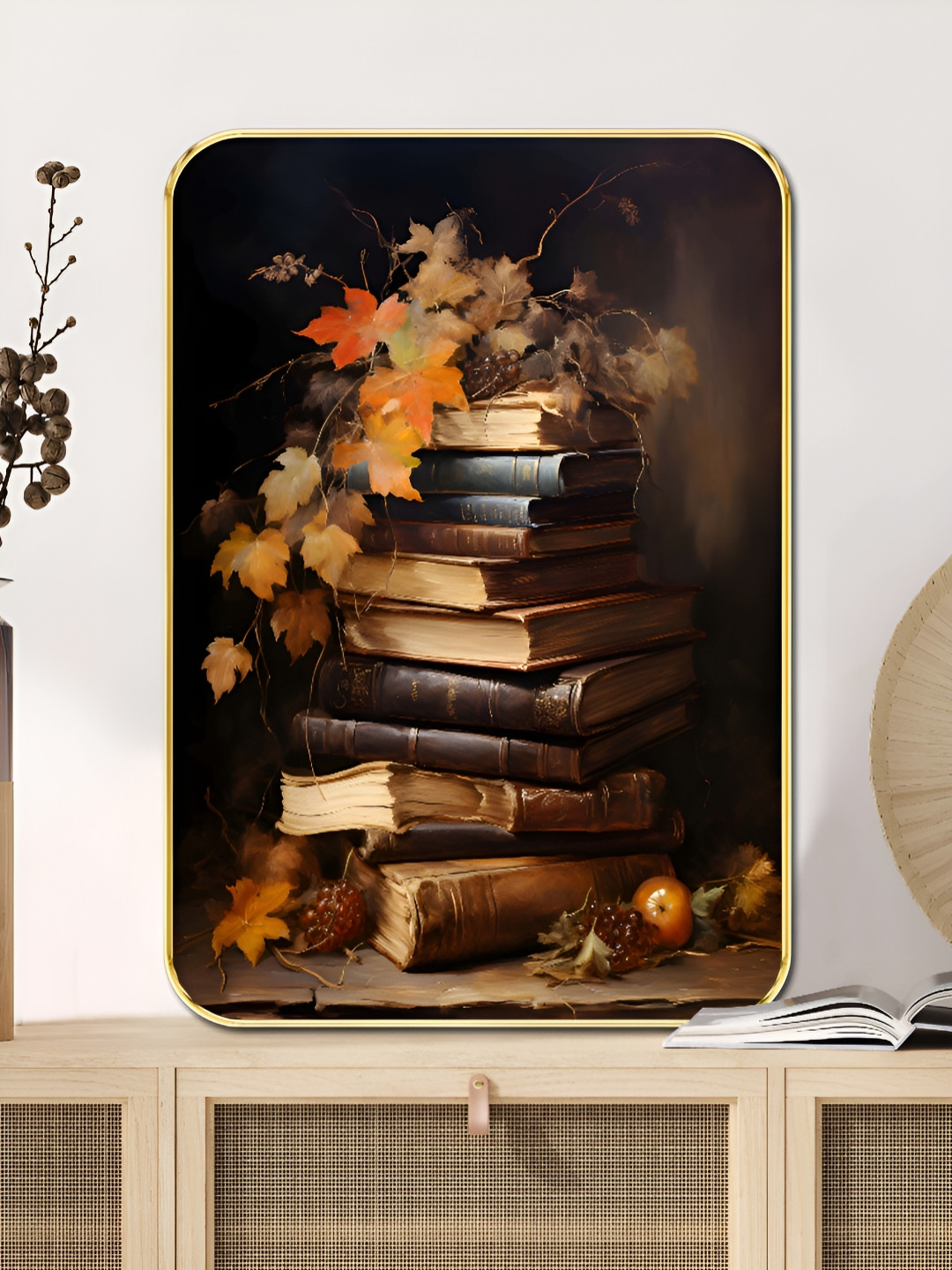 SAF Gold-Toned & Black Vintage Book Stack Printed Wooden Wall Art