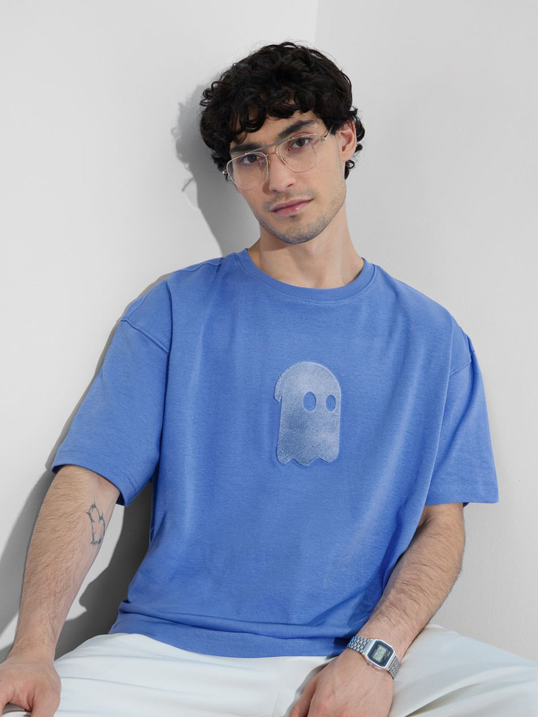 The Souled Store Oversized Faded Brand Logo Self Design Pure Cotton T-Shirt