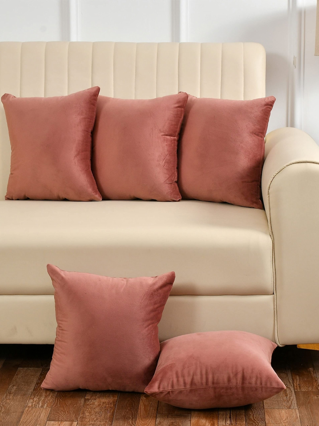 Yellow Weaves Rose Gold Velvet Ultra Soft 5 Piece Textured Square Cushion Covers -20x20In