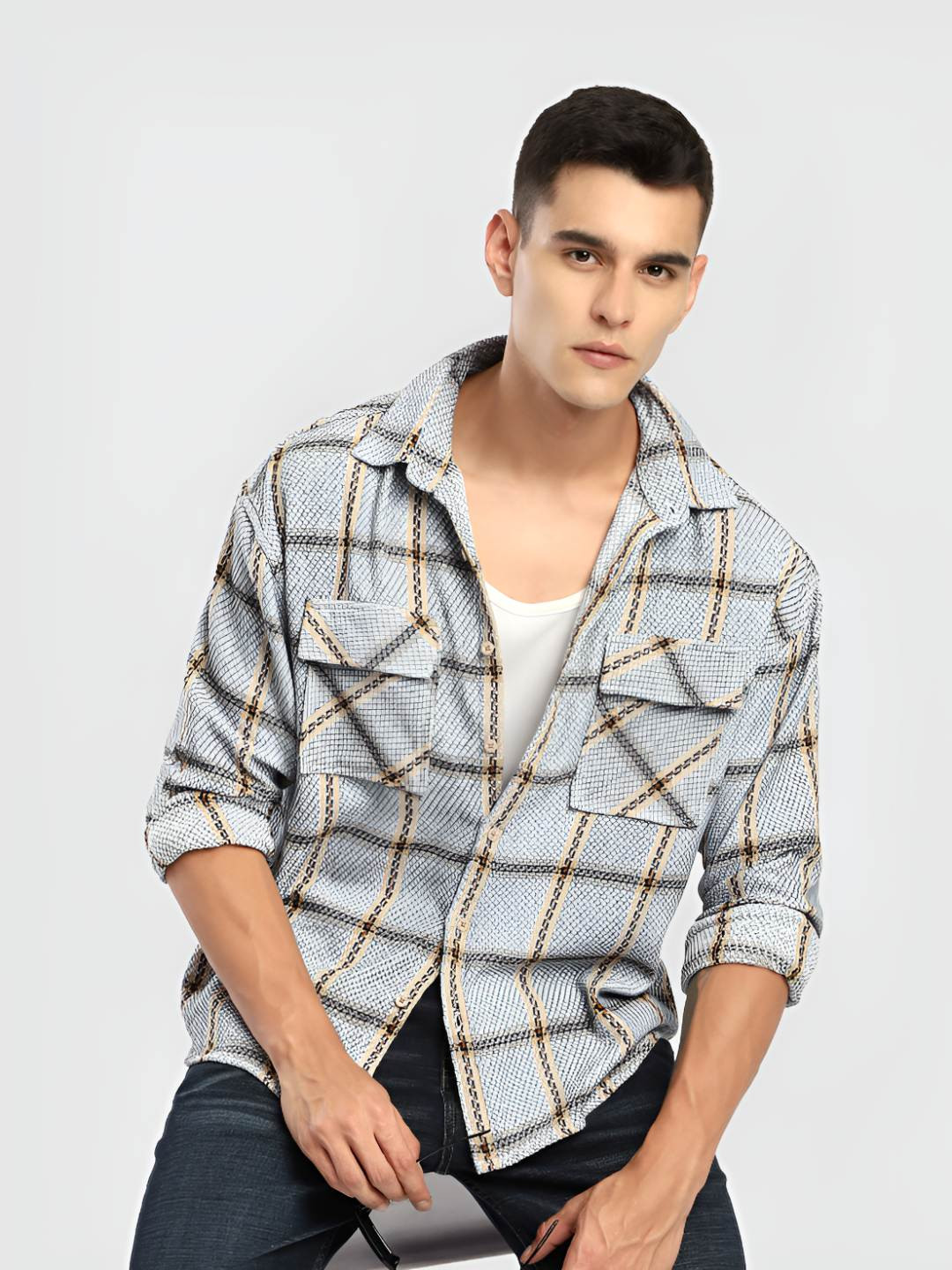 Beyoung Blue Cotton Flannel Overshirt