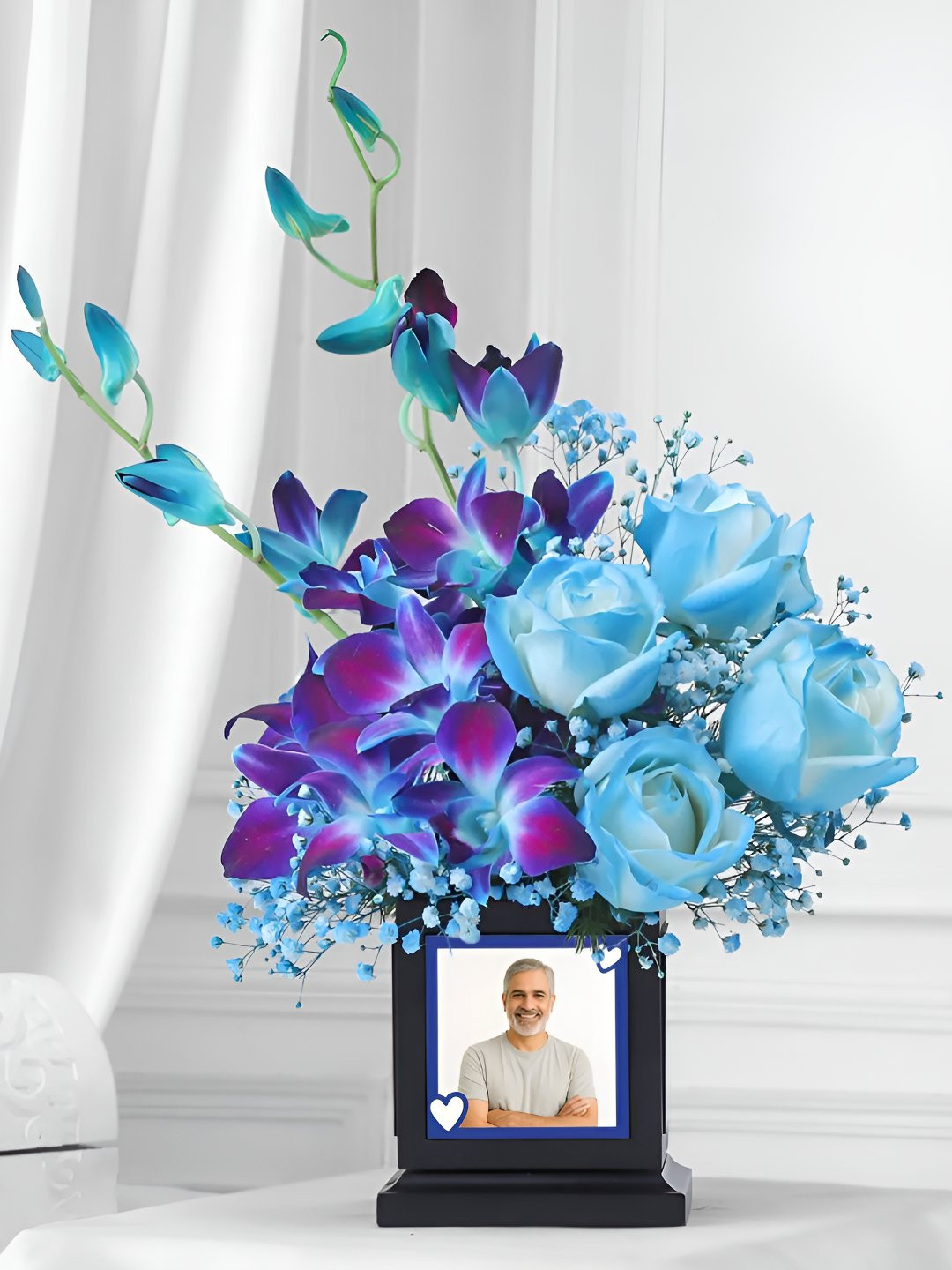 fnp 8-Pcs Blue Orchid & White Roses Desk Arrangement Fresh Flowers Father's Day Gift