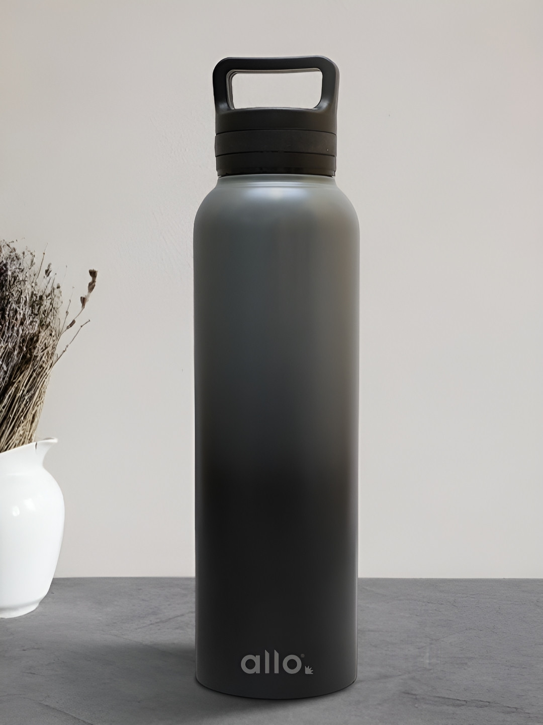 Allo Dark Grey and Black Stainless Steel Leakproof Handle Cap Water Bottle 1000 ml