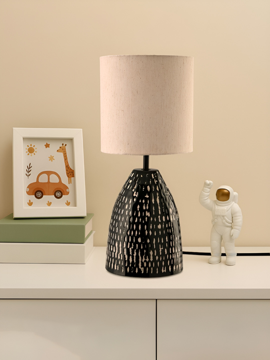 Myntra Elegant Homes Cream-Coloured Engineered Wood Cylindrical Shaped Table Lamp