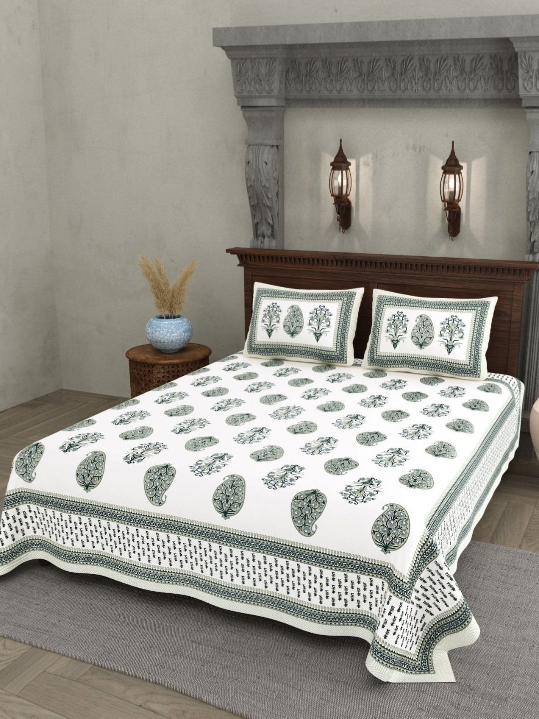 JAIPUR PRIME White Paisley Pure Cotton 200 TC Queen Superfine Bedsheet with 2 Pillow Covers-274 x 228 cm