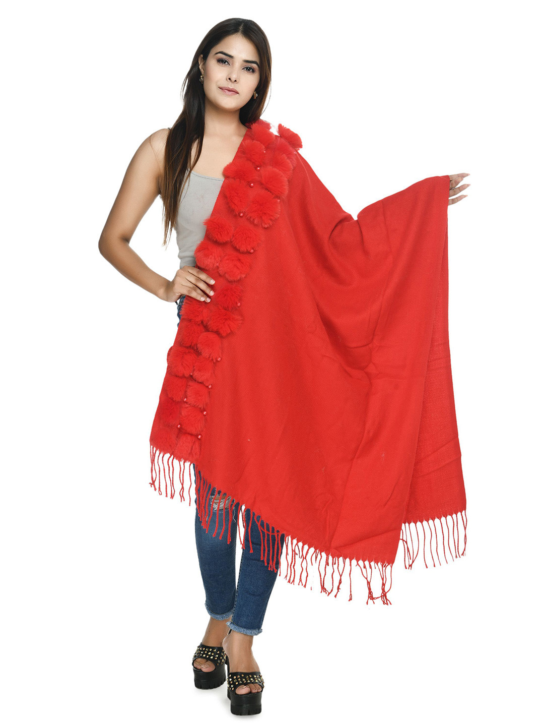 Manra Women Wool Stole with Fur Ball Charms