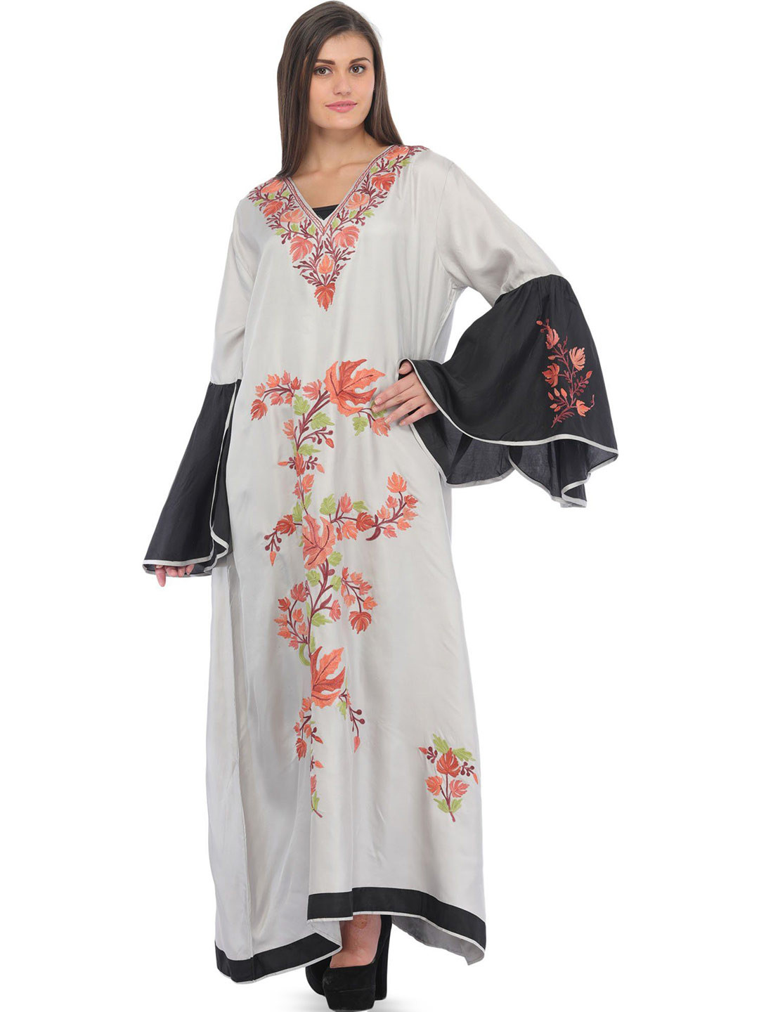 Exotic India Women Silver and Black Butterfly Gown with Aari-Embroidered Maple Leaves