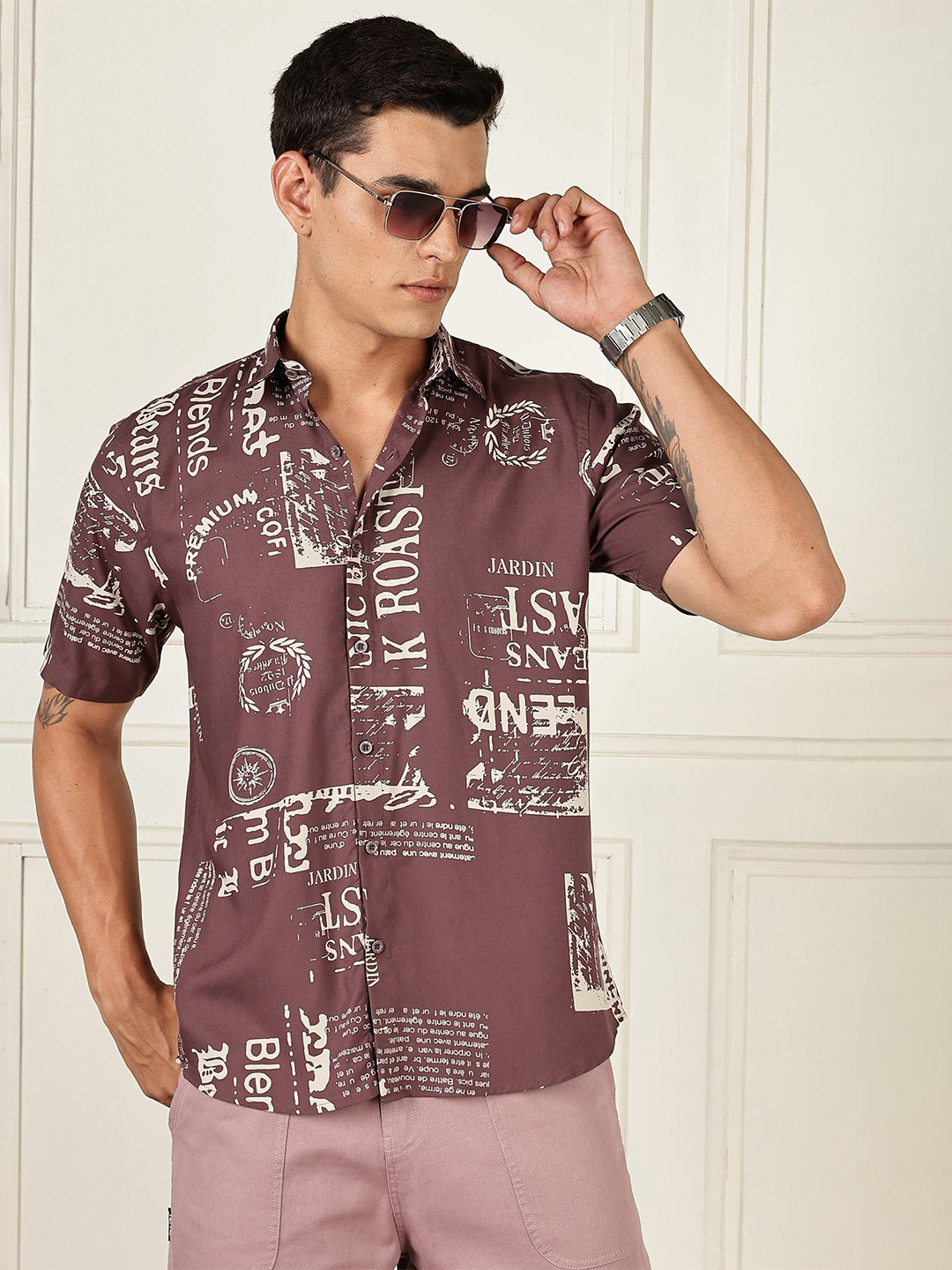 BS BLUE SQUAD Men India Slim Tailored Fit Typography Printed Spread Collar Casual Shirt