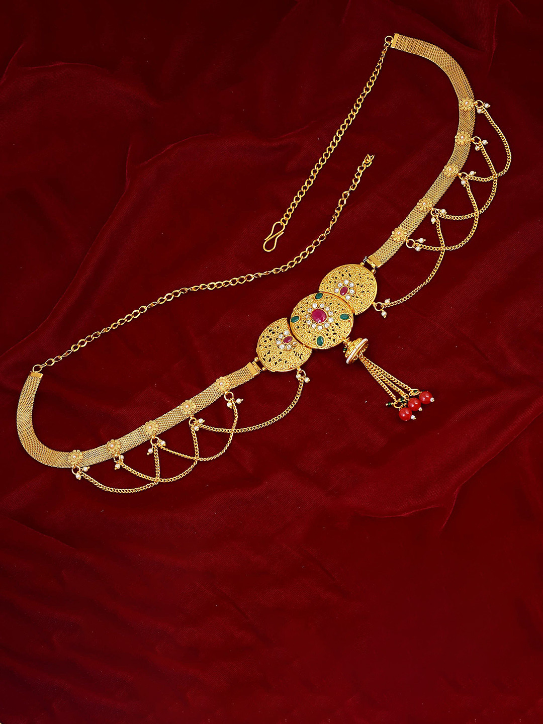 MEMOIR Goldplated Faux Ruby & Imitaiton Diamond Adjustable Traditional Jewellery Set