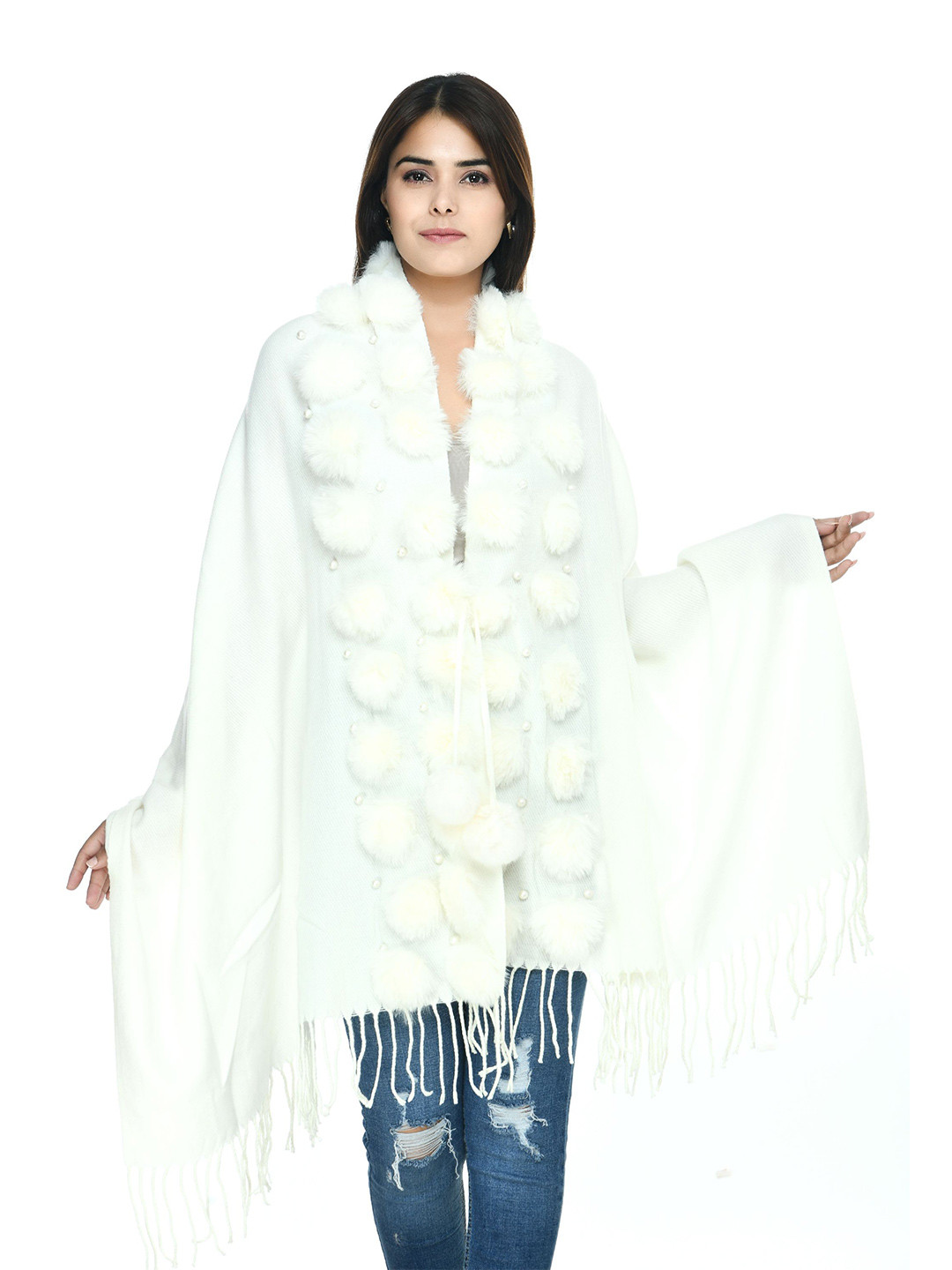 Manra Women Woolen Fur Ball Stole