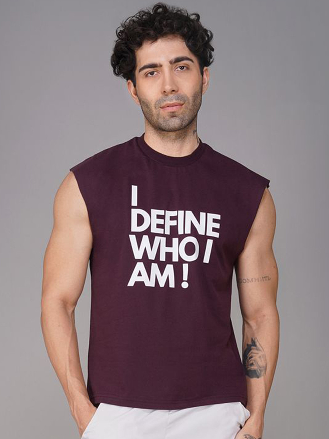 Brauch Pure Cotton Printed Drop Shoulder Gym Vest - M-VEST-IDEFINE-PLUM-S