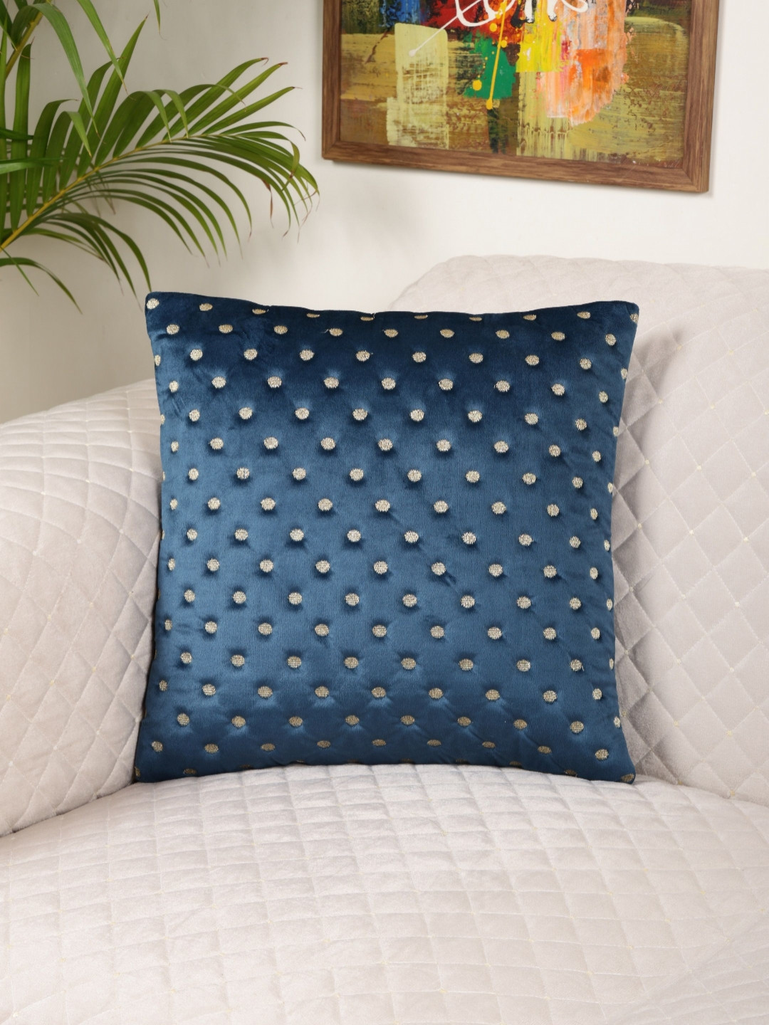 MONKDECOR Polka Dots Velvet Washable 5 Pcs Embroidered Square Cushion Covers - 12 x 12 In