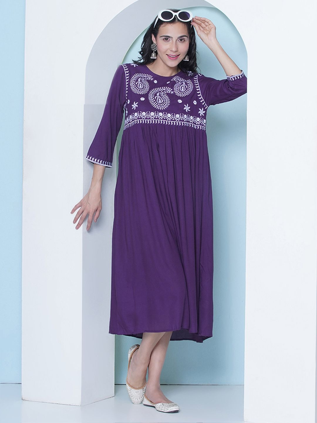 LABEL KASHI Ethnic Motifs Embroidered Gathered A-Line Midi Dress