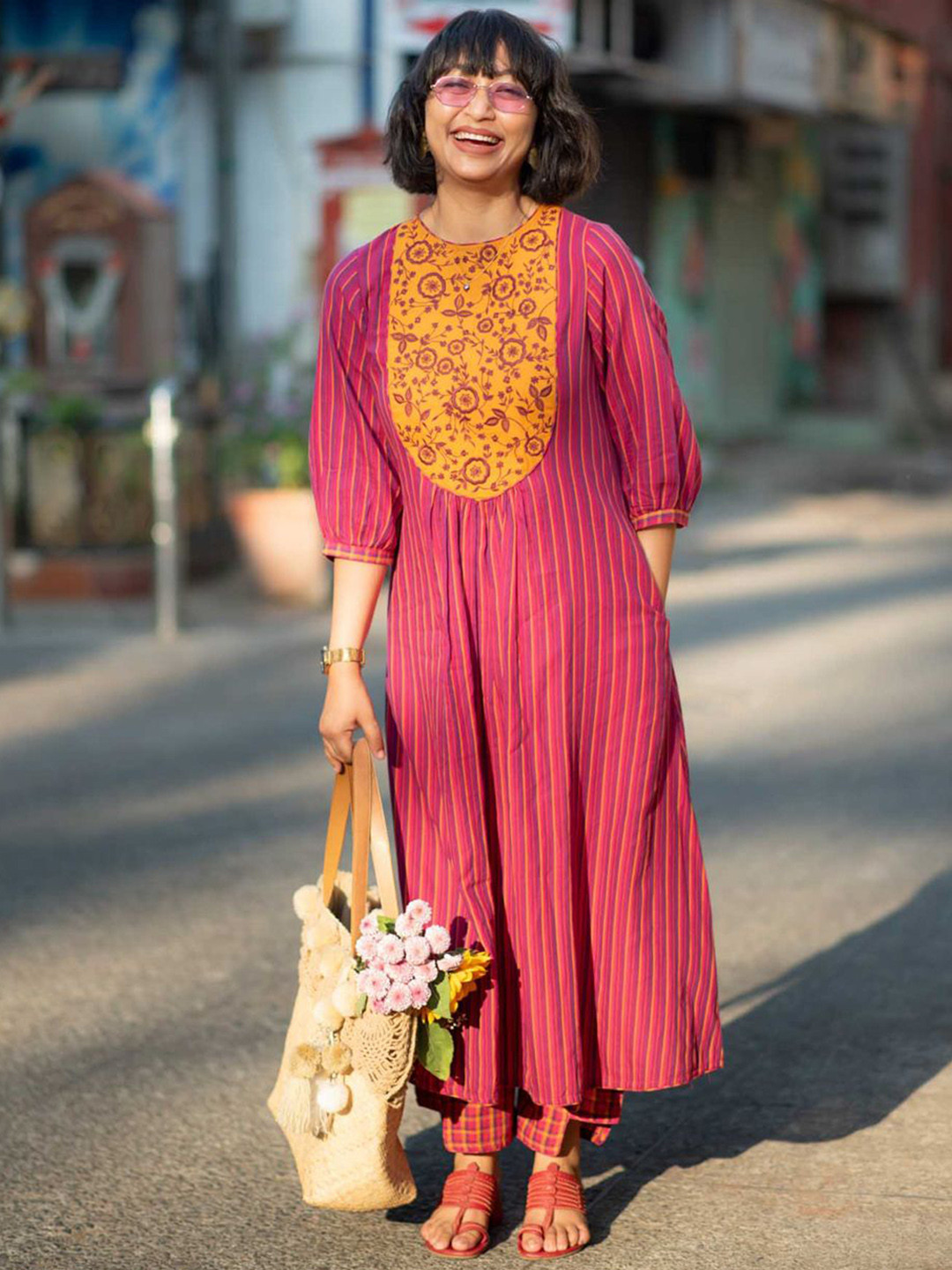 Suta Women Striped Magenta Pure Cotton Kurta with Trousers