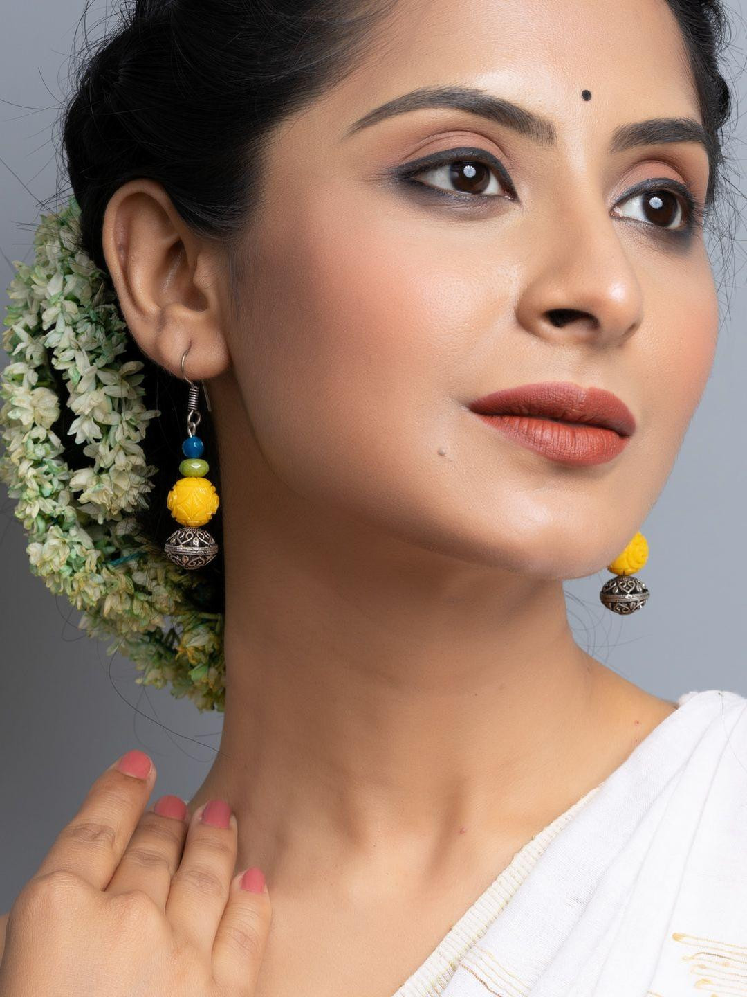 Look and Adorn Carved Yellow Green Blue Onyx Earrings