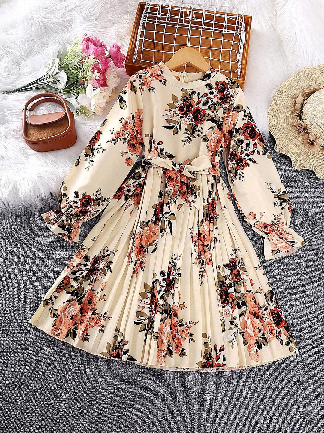 Billion Girls Floral Printed Tie-Ups Detail Fit & Flare Midi Dress