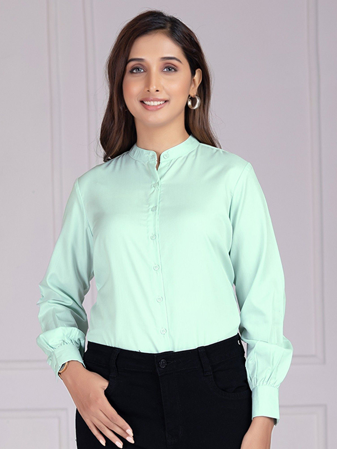 AMOUS Band Collar Cotton Formal Shirt