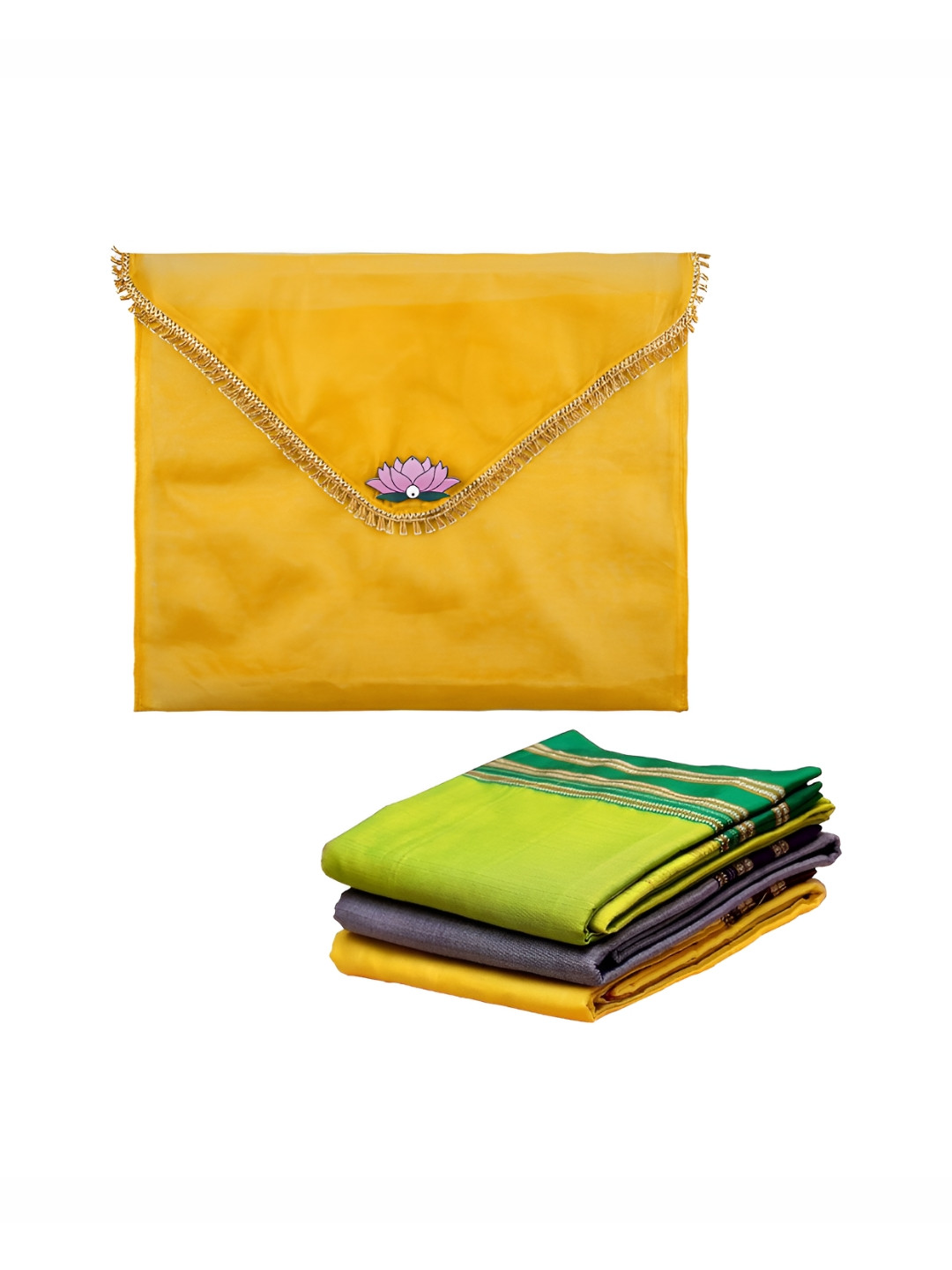 Aura Yellow Organza Double Layer Saree Covers Single Saree Flower Flap Closure