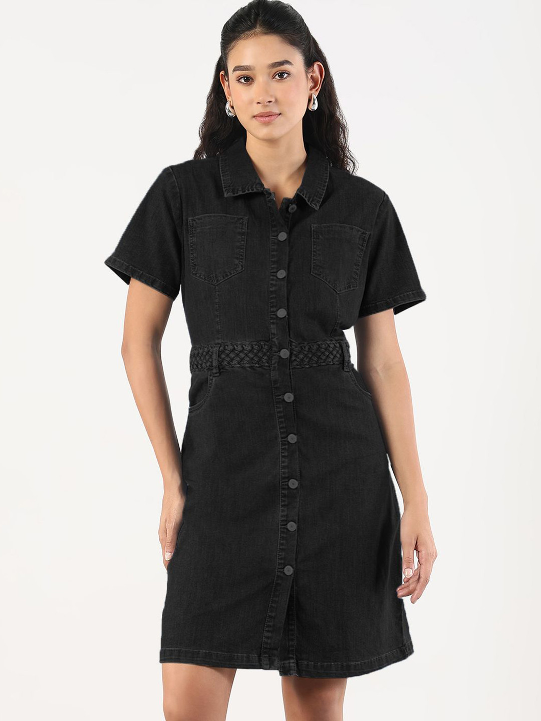 SHOWOFF Women Shirt Collar Denim Shirt Dress With Pockets