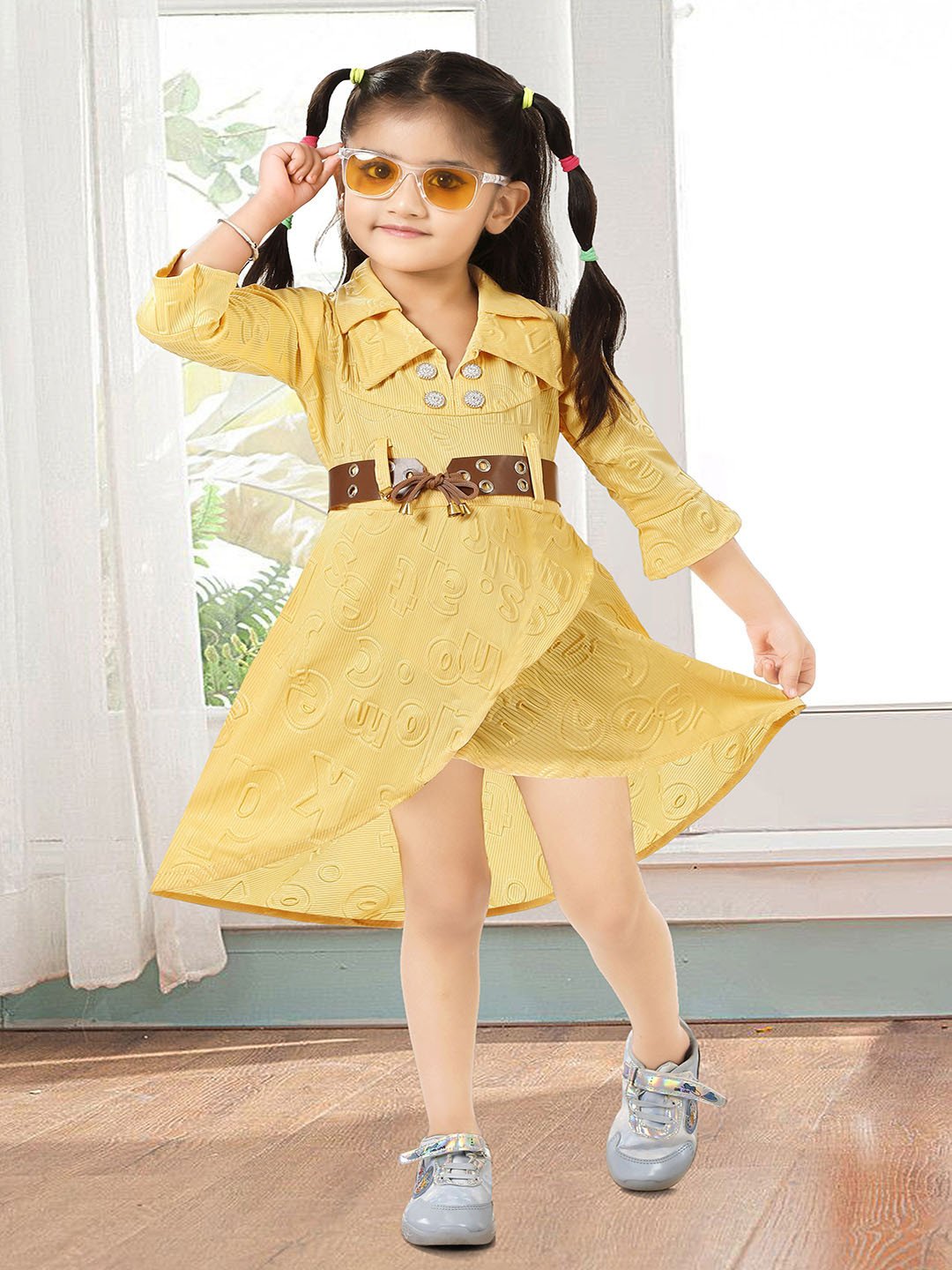 Miss & Chief Kids Girls Alphanumeric Self Design Shirt Collar Fit & Flare Mini Dress