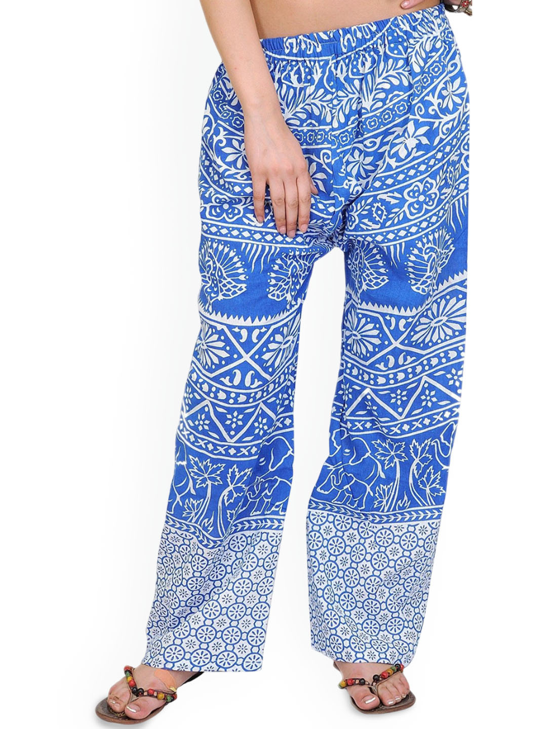 Exotic India Women Casual Trousers from Pilkhuwa with Printed Palm Trees