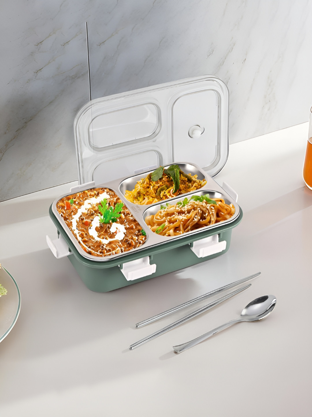 Aura Green Solid Plastic Safe Pack 4PCs Lunch Box With Spoon and Fork