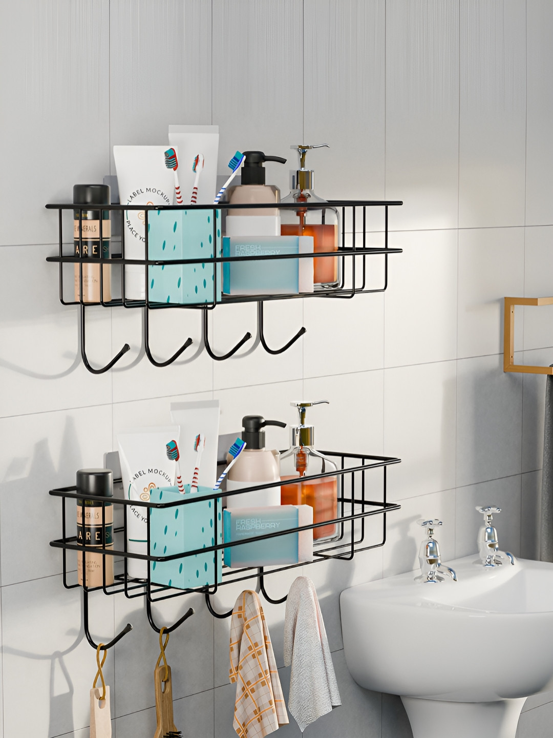 Aura Black Set Of 2 Iron Self Adhesive Bathroom Caddy