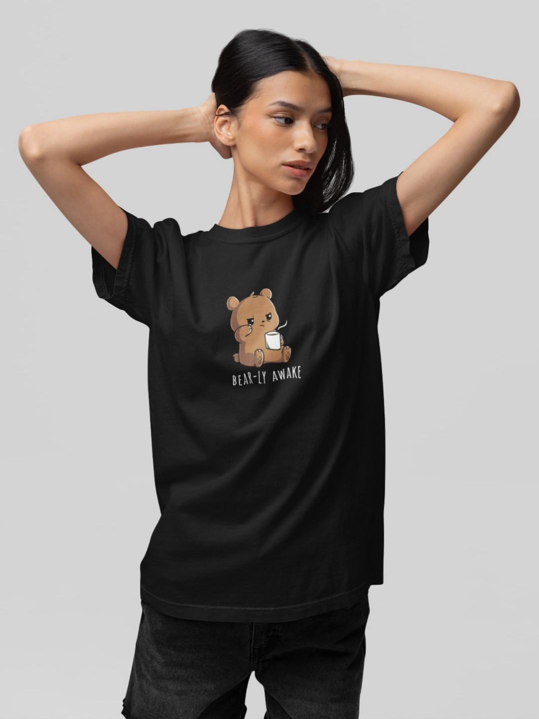 Stitchmeashirt Bearly Awake Printed Round Neck Cotton T-shirt