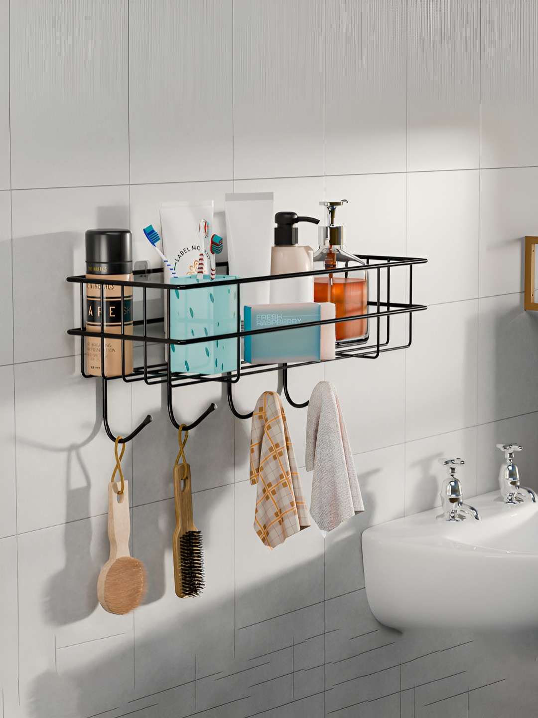 Aura Black Metal Self Adhesive Bathroom Rack