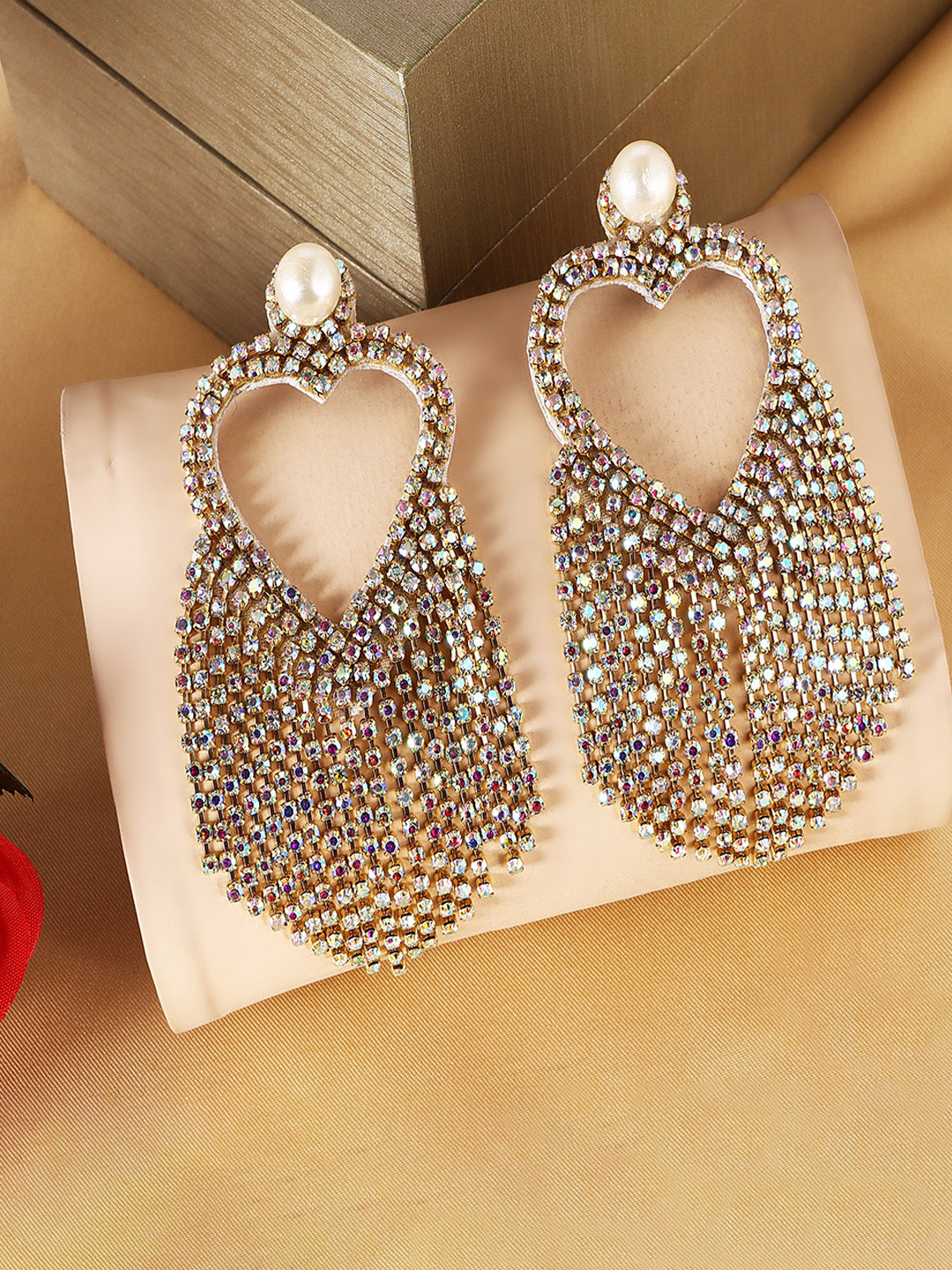 IIK COLLECTION Silver Gold-Plated Artificial Stones Studded Heart Shaped Drop Earrings