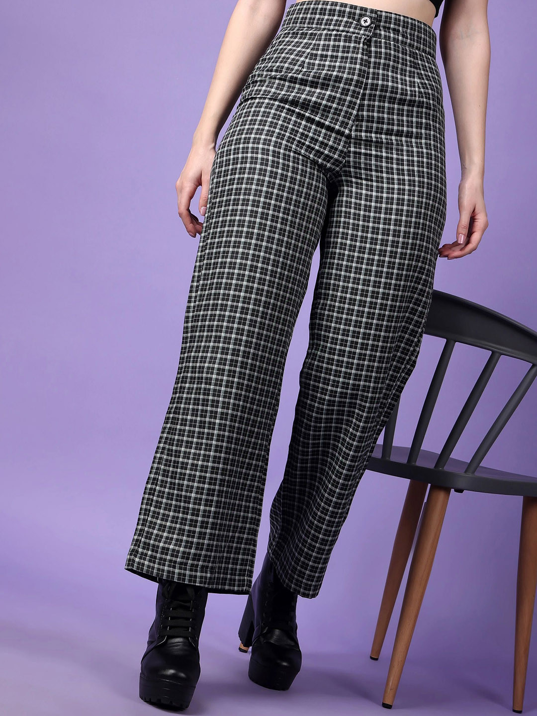 Popwings Women Relaxed Checked High-Rise Flared Cotton Bootcut Trousers