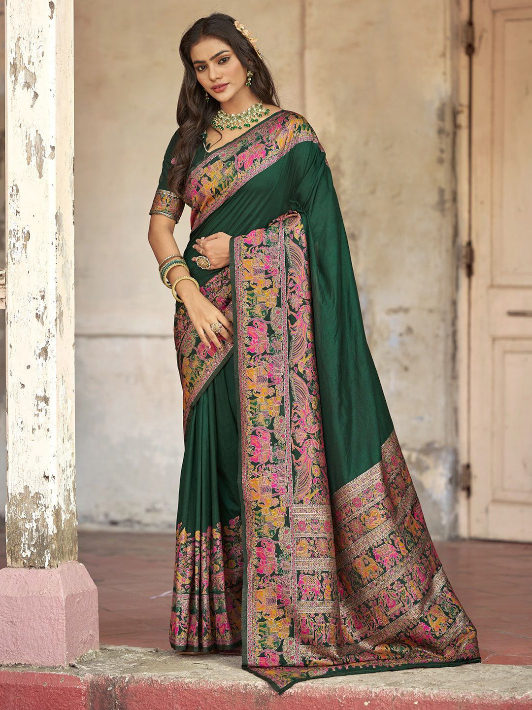 DIVASTRI Woven Kalamkari Motifs Saree With Rich Zari Border