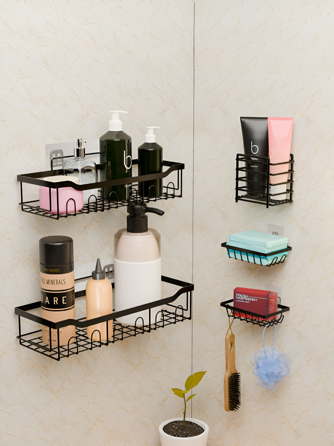 Aura Black 5 Pieces Regular Self Adhesive Metal Bathroom Rack without Drill Racks