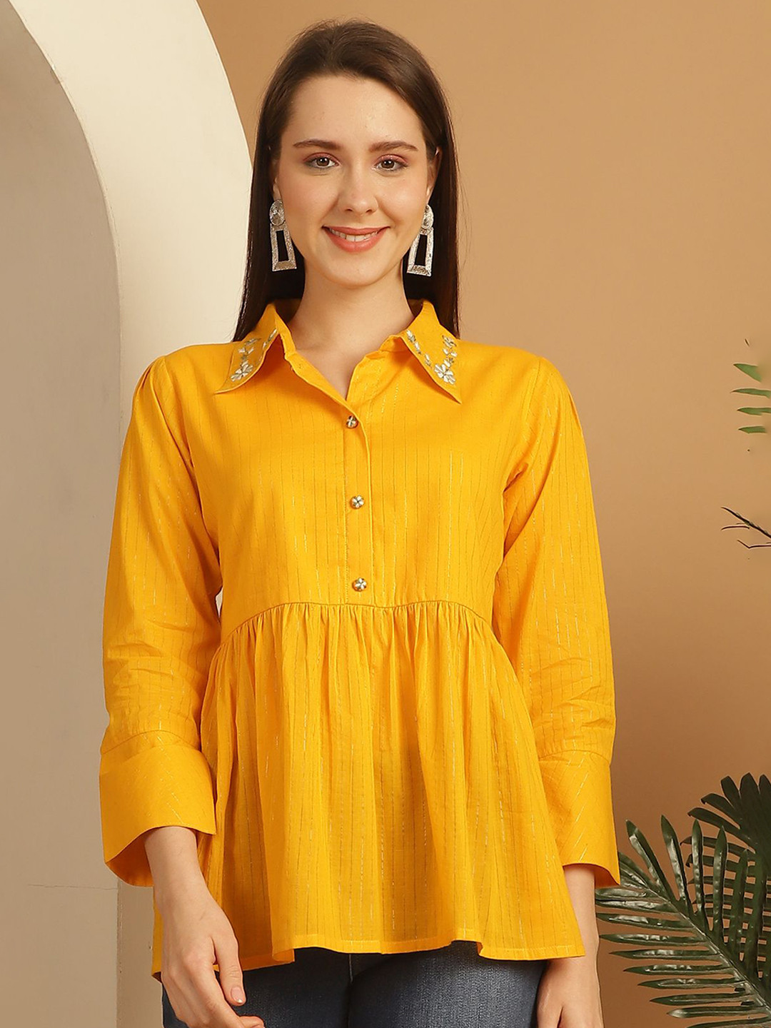 Merira Women Solid Embroidered Gathered or Pleated Shirt Collar Cotton Peplum Top
