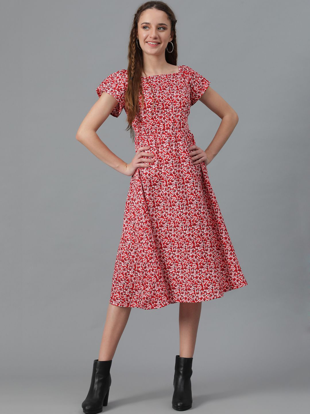Red Floral Print Fit & Flare Midi Dress