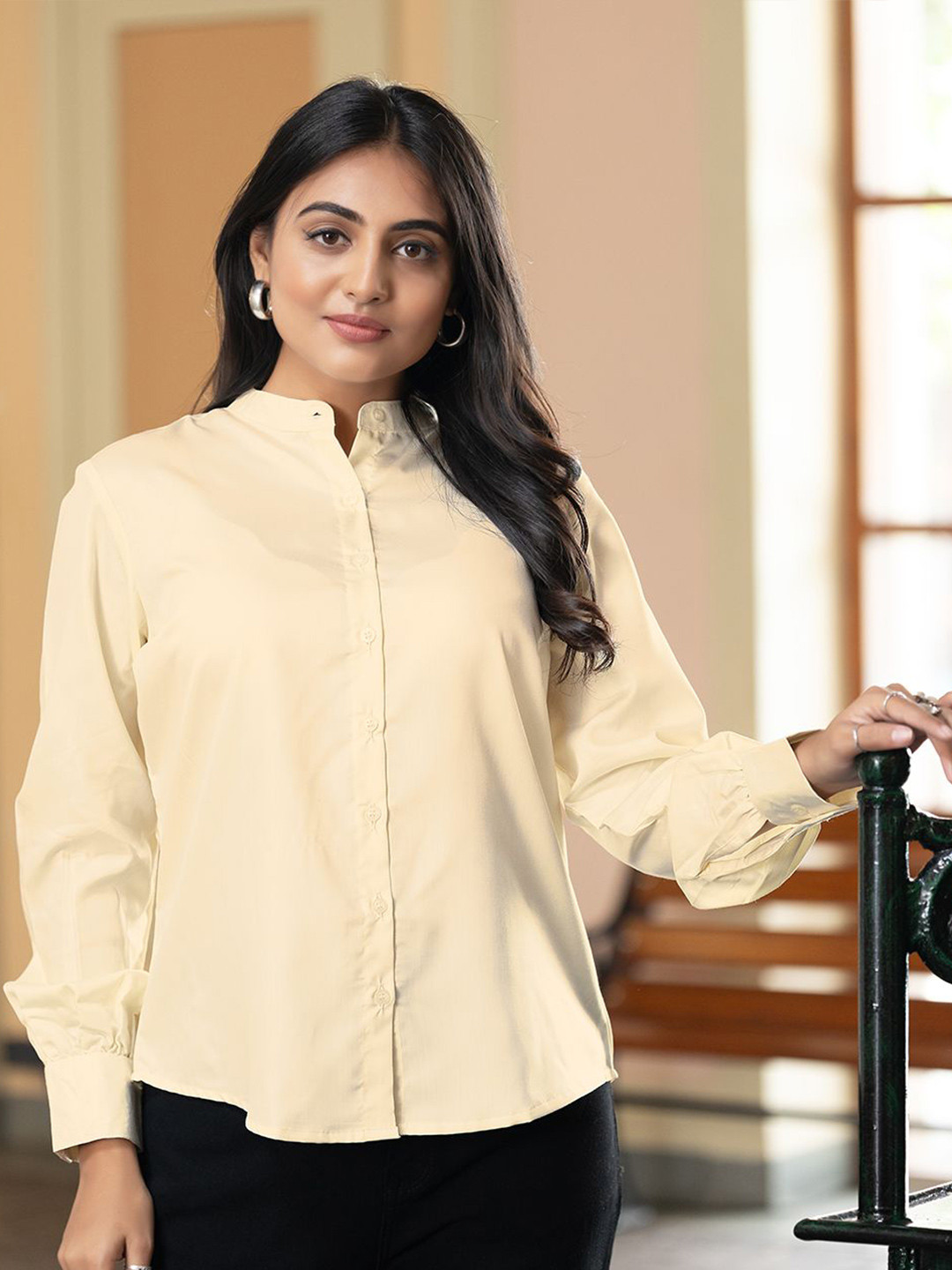 AMOUS Band Collar Cotton Casual Shirt