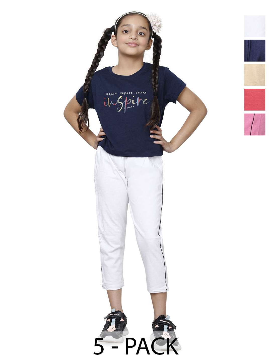 BAESD Girls Pack of 5 Cotton High-Rise Solid Side Piping Regular Capris