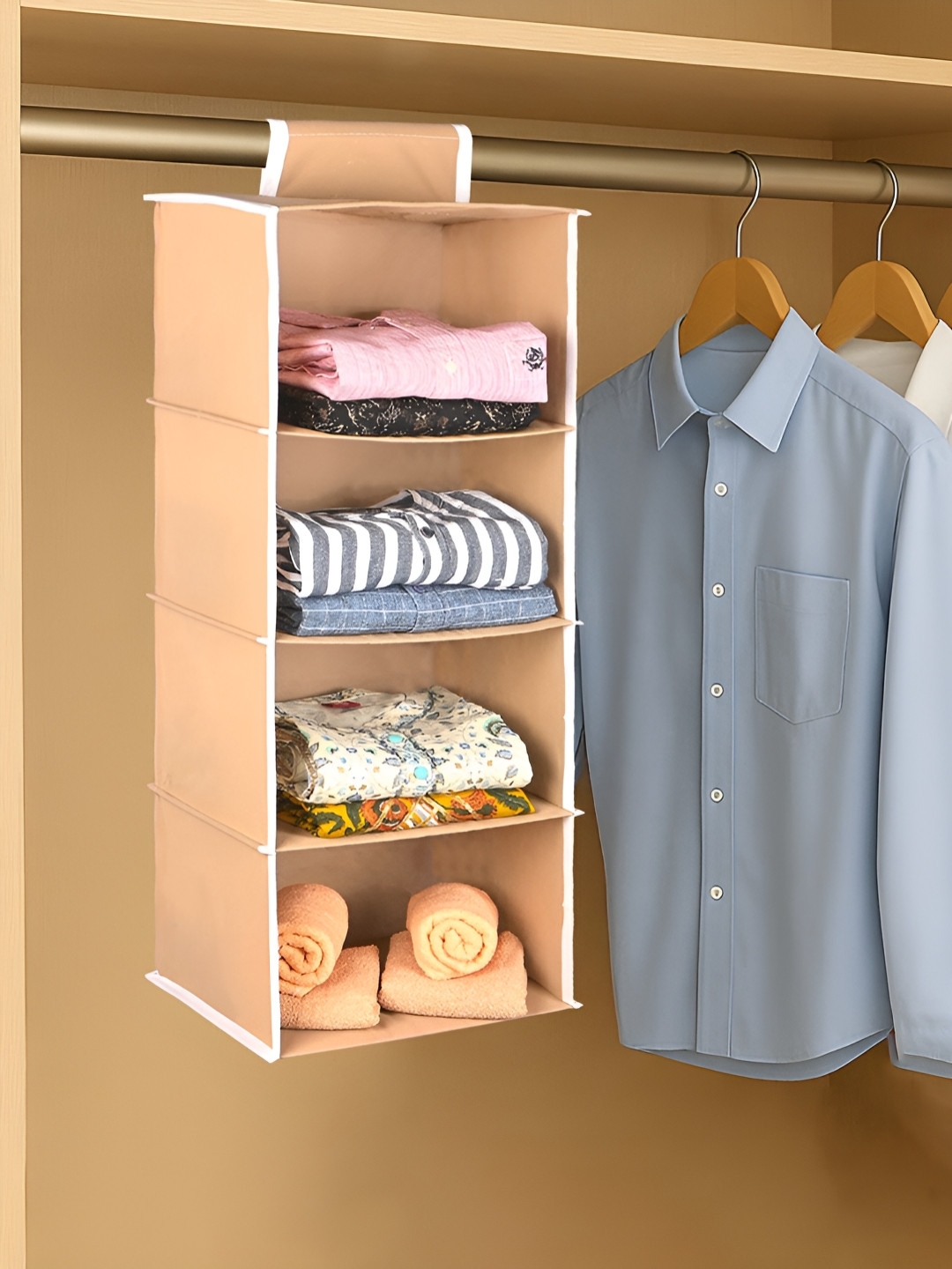 Myntra Elegant Homes Brown & White Foldable 4 Shelf Hanging Closet Organizer