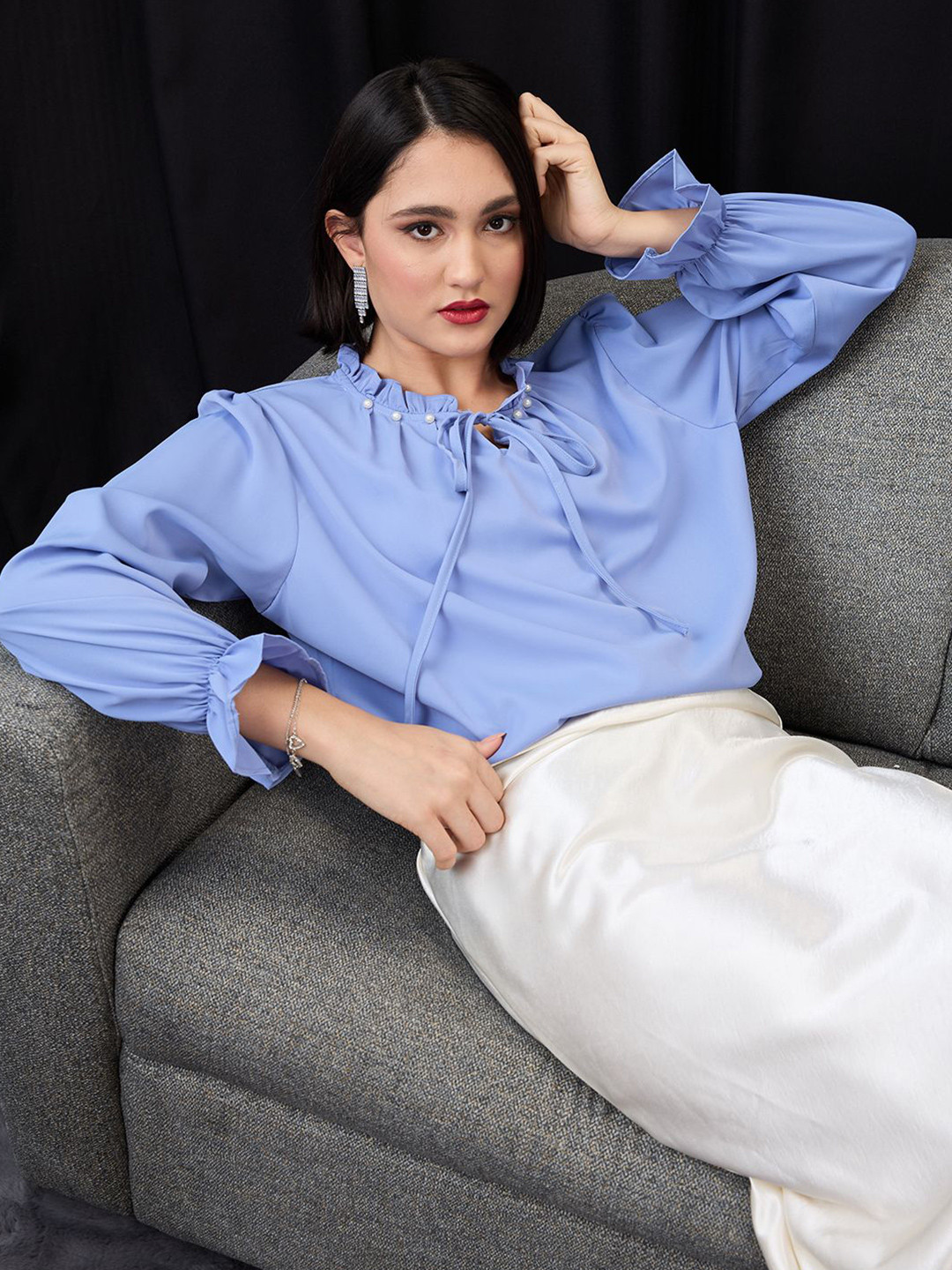 Globus Pearl Detail Frilled Tie-Up Neck Bishop Sleeves Workwear Top